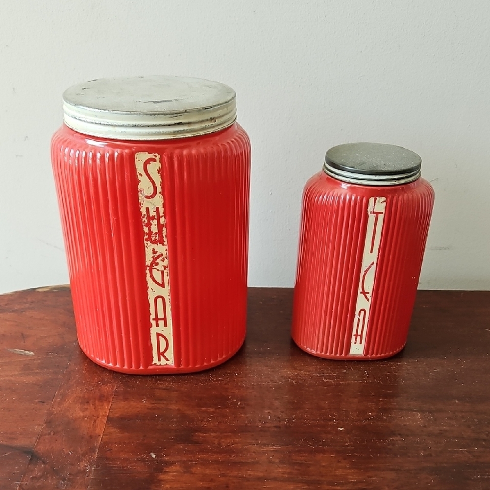 Vintage 1930's Owens Illinois Ovid Red Sugar And Tea Canister Jars